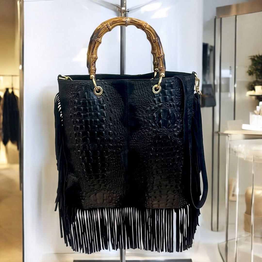 Croco fringe handbag (black)